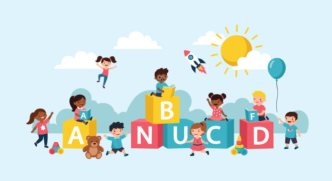 Group of happy diverse children playing with large alphabet blocks in a bright classroom representing early childhood education and basic literacy learning.