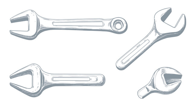 Monochrome illustration of four distinct adjustable wrenches, tools for various mechanical and industrial uses