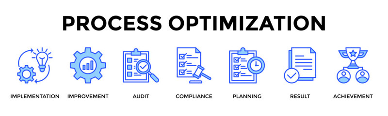 Fototapeta premium Process Optimization Banner Web Icon Set Collection Pack Vector Illustration Concept Containing Improve Efficiency By Optimizing Processes And Ensuring Compliance