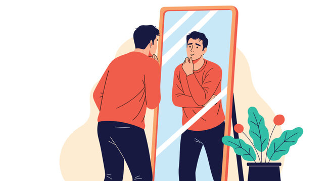 Sad man looking at his own reflection in a large floor mirror with a worried expression and chin in hand in a minimalist indoor setting with plants.
