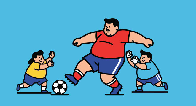 Cartoon illustration of a father playing soccer with his children on a blue background.