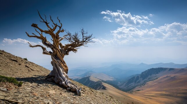 Ancient bristlecone pine on mountain slope under vibrant sky