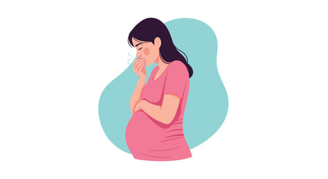 Pregnant woman in a pink shirt feeling unwell and coughing or suffering from nausea while standing alone against a blue background.