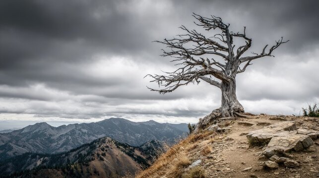 Lonely tree atop a mountain ridge under a stormy sky