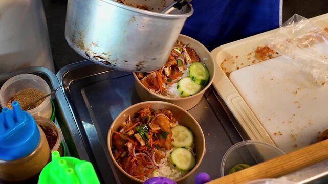 Thai Papaya Salad Preparation Street Food Vendor Mixing Som Tam Bowl Close Up 4K