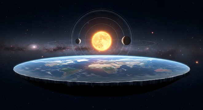 Detailed illustration of the flat Earth theory concept, showcasing a disc-shaped world beneath a geocentric model of the sun and celestial bodies in a vast cosmic setting