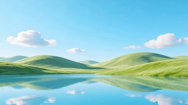 Green rolling hills with lake reflection