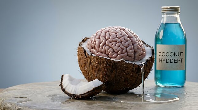Otak manusia di dalam setengah kelapa muda dengan air kelapa berwarna biru di botol kaca