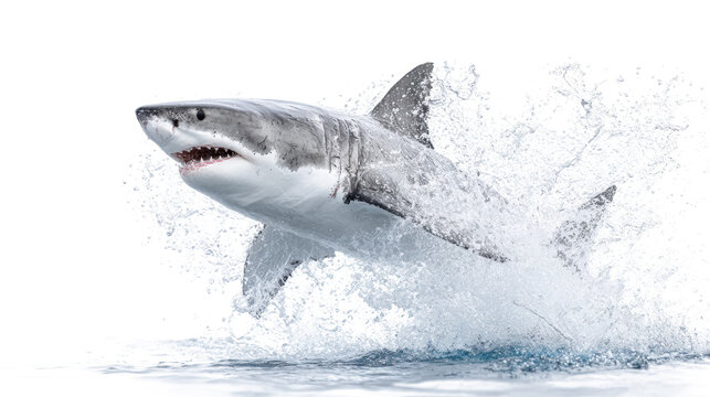 Great white shark breaching with open jaws and explosive water splash isolated on transparent background