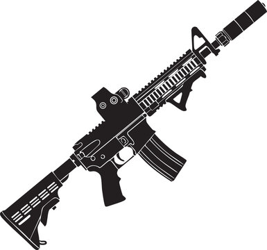 Tactical M4 Carbine Silhouette with Suppressor and Holographic Sight - Modern AR-15 Assault Rifle Vector