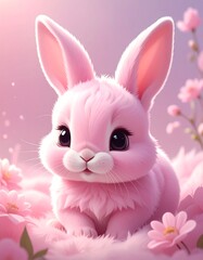 Obraz premium Cute pink bunny with flowers background.
