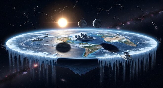 Captivating visual representation of the flat earth theory, complete with surrounding ice wall, celestial orbits, and a profound starry cosmos