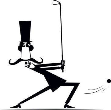 Long mustache man in the top hat aiming to do a good shot. Black and white illustration
