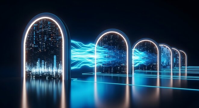 Digital technology gateway futuristic arches of data and innovation in a cyber landscape