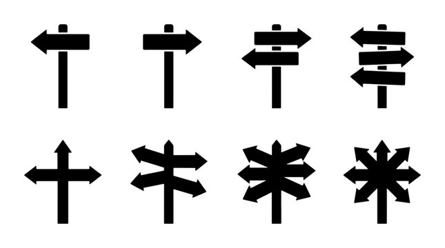 Directional Signpost Icons Set, Navigation Arrows, Road Signs, Crossroads Symbols, Information Markers, Decision Making Graphics, Vector Collection