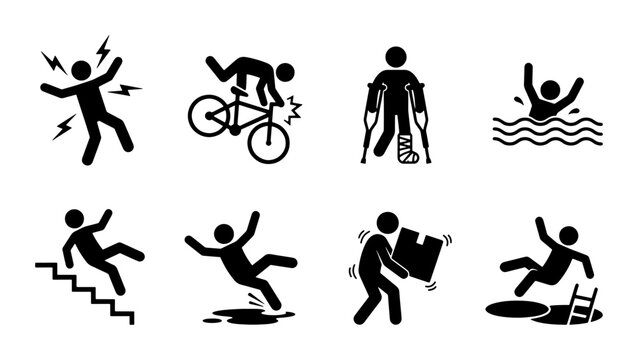 Accident Icons Set: Injury, Danger, and Safety Warnings. Vector Graphics for Risk Management and Emergency Situations.