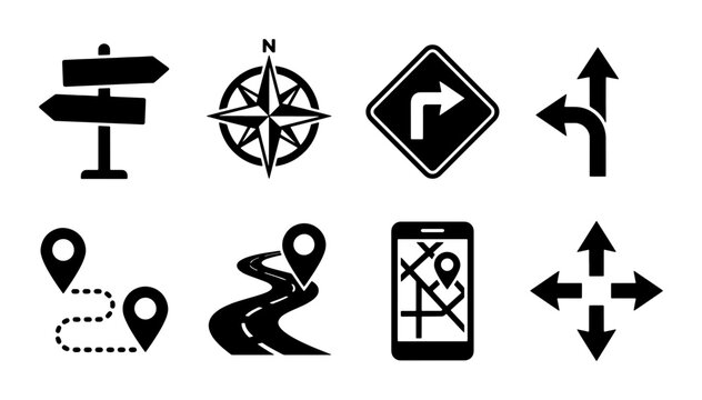 Navigation Icons Set: Direction Signs, Compass Rose, Road Signs, GPS Map, Route Planning, Wayfinding Symbols, Vector Graphics for Travel and Location Services