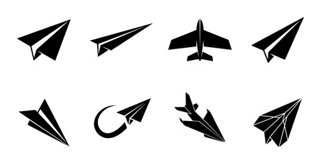 Paper Airplane and Jet Icons Set, Simple Black Vector Graphics for Aviation and Travel Themes, Minimalist Aircraft Symbols © Moumita