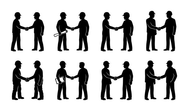 Construction Partnership Icons, Business Agreement Silhouettes, Contractor Handshake Vector Set, Teamwork Collaboration Graphics