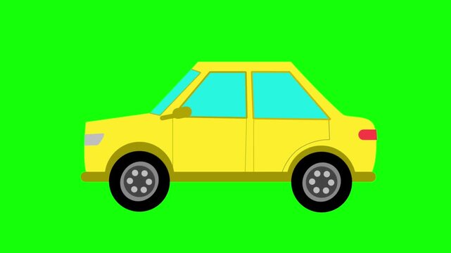 simple flat 2D yellow cartoon car shown from a side profile isolated on a bright green screen background.