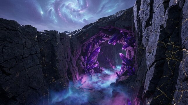Mystical Amethyst Geode Canyon - Fantasy Landscape 3DRender, Magical Crystal Cae Background, Ethereal Purle Gemstone Abstract Wallpper