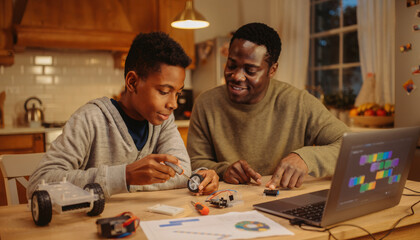 Fototapeta premium Learning robotics can be fun and engaging experience for young coder and supportive parent at kitchen table