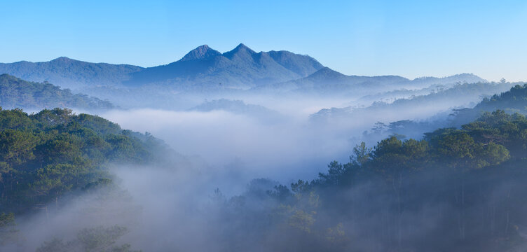 Early dawn over Lang Biang ridge - breathtaking panoramic view through fog and tropical forest with pine trees at base, Da Lat, Vietnam.