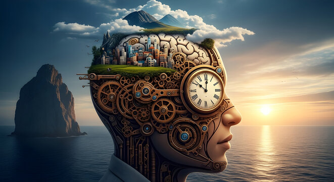 Conceptual illustration of a human head with a mechanical clockwork brain and a miniature city landscape inside, set against a sunset ocean