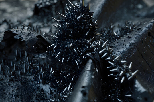Dark abstract 3D render of black ferrofluid spikes on rough leather surface, futuristic biomechanical texture