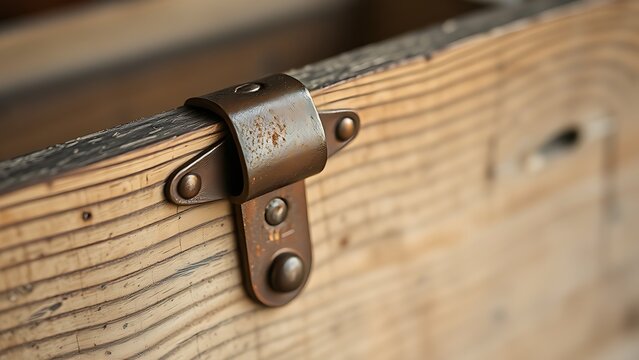 Close-up of a rusty iron hasp fastened on an old wooden crate with side lighting.