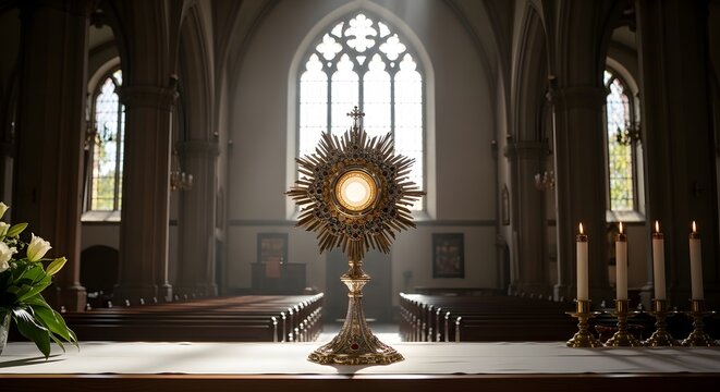 The Corpus Christi ceremony takes place in a serene church interior with a monstrance on the altar.