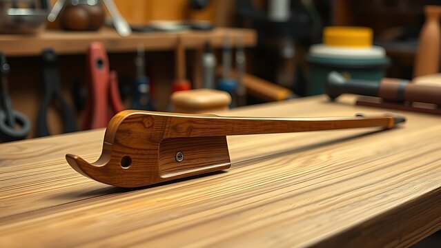 Violin bow on luthier's workbench with smooth pernambuco wood grain.