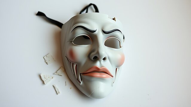 A fragmented theatrical mask with pieces reassembled into a distorted expression.