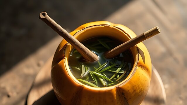 A traditional mate gourd with yerba mate leaves and a bombilla straw inside.