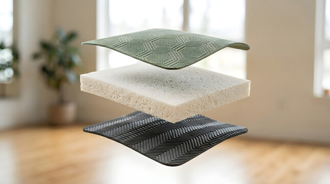 Yoga mat layered construction with foam core and textured surface, product design visualization for fitness, pilates and exercise equipment