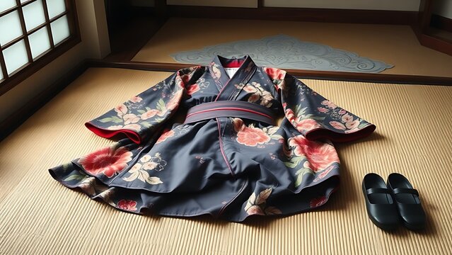 An ornate kimono and obi laid out on tatami mat with geta sandals beside.