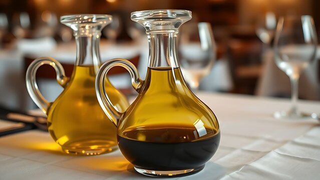 Glass cruets with olive oil and balsamic vinegar on a linen table.