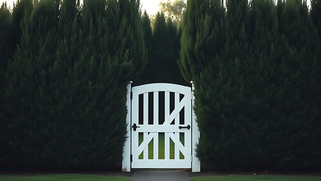White garden gate in front of a tall, dense privet hedge.