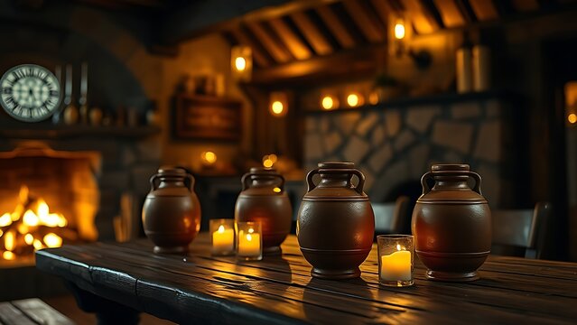 Medieval-style tavern interior with firelight glowing on terracotta flagons of ale.