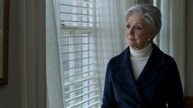 Thoughtful Senior Woman Gazing Through Window Blinds, Reflecting with a Pensive Expression During