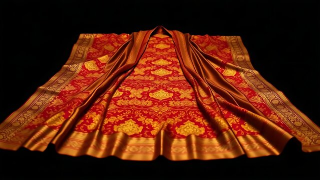 Traditional Assamese silk garment with gold and red patterns on dark background.