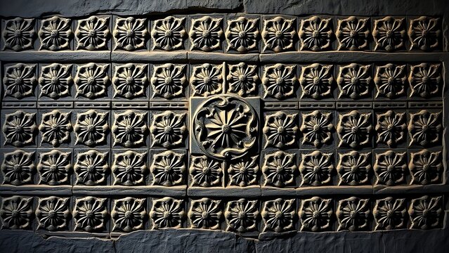 Assyrian bas-relief with symmetrical rosettes and geometric patterns on dark plaster.