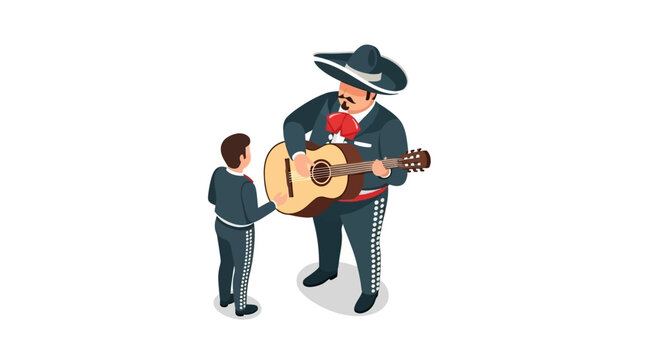 Mariachi musician serenading a child with a beautiful acoustic guitar.