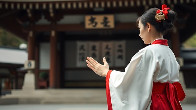 A shrine maiden in white and scarlet performs a ritual before a Shinto shrine.