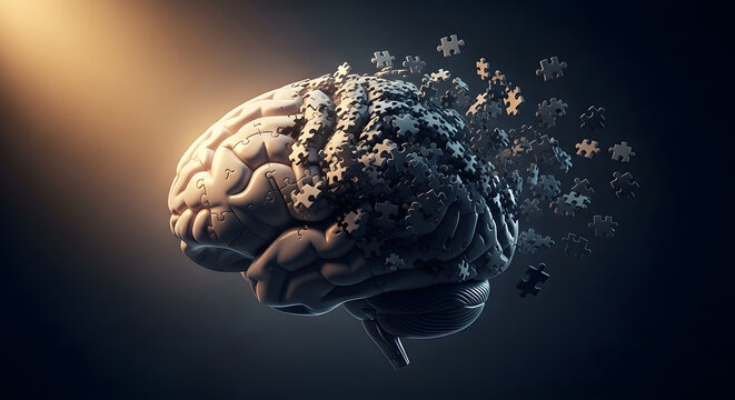 Human brain made of puzzle pieces on dark background