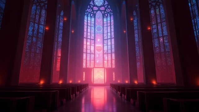 Quantum church interior with stained glass windows made of living light fractals