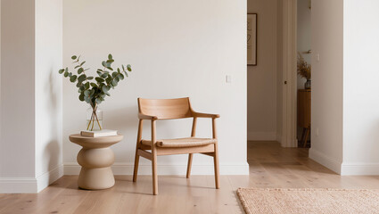 Fototapeta premium Brown wooden chair with armrests indoors.