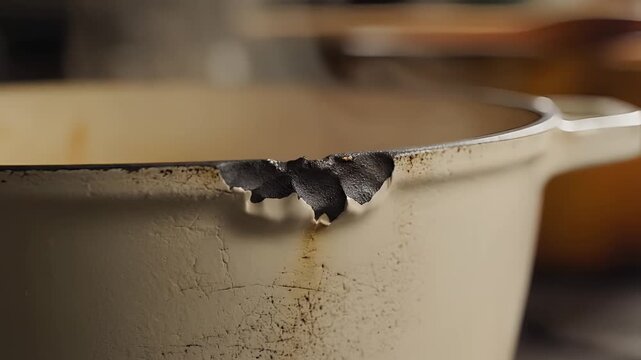 Closeup of a damaged enamel cast iron pot with chipped rim.