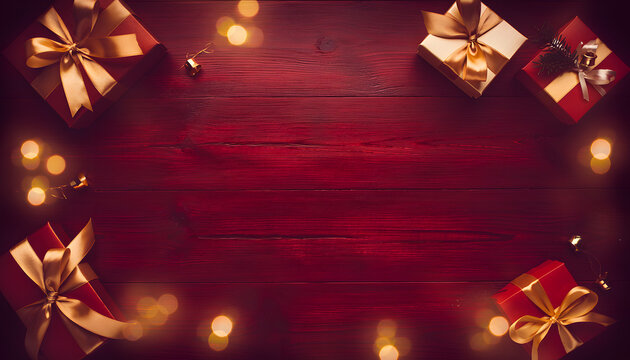 Gift boxes with golden bows on dark red wooden texture with bokeh lights