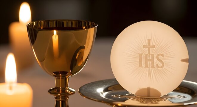 A serene Corpus Christi scene with a golden chalice, host, and lit candles on a table indoors.